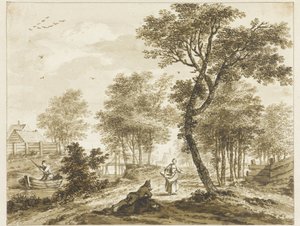 Rakamlarla manzara ve solda bir punt içinde bir adam by Bartholomeus Barbiers