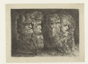 Erkeklerin, hayvanların ve maskaraların farklı kafaları by Bartholomeus Breenbergh