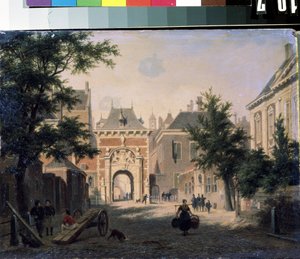 ""Bir Hollanda kasabasının görünümü"" Sokak sahnesi, bir ev hanımı pazardan döner, sepetler yüklenir. Bartholomeus Johannes van Hove (1790-1880) tarafından yapılan boyama 19. yüzyıl Mikhail Kroshitsky Sanat Müzesi, Sivastopol (Sivastopol) Ukrayna