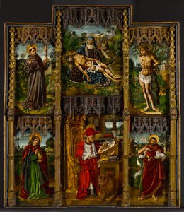 Portatif Altarpiece: Pietà, Aziz Francis, Sebastian, Evangelist Yahya, Jerome ve Vaftizci Yahya, c.1500 by Bartolomé Bermejo