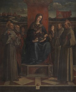Altı Aziz ile Enthroned Bakire ve Çocuk, c.1500 (tuval üzerine yağlı boya) by Bartolomeo (attr. to) Montagna