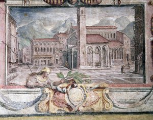 Yatak odası, Medici yönetimi altındaki kasabaları gösteren friz detayı, Pistoia, 1564-75 fresk by Bartolomeo Ammannati