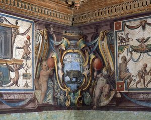 Toskana Büyük Dükü Sala del Granduca di Toscana Salonu Zodyak, gergedan, 1564-75 fresk belirtilerini gösteren frizin detayı
