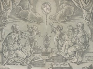 Bir tezin alegorisi, iki kadının elinde yazılı tabletler, 1640.
