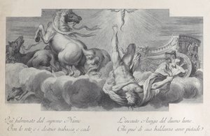 Levha 34: Araba sürücüsü Auriga, ortadaki arabadan düşüyor, sol tarafta üç atla..., 1756