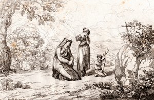 Ciociara kadını, kocasının öldürüldüğü haçın önünde dua ediyor, Bartolomeo Pinelli (Roma) tarafından oyma by Bartolomeo Pinelli