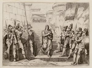 Gaius Fabius Dorsuo kurban kesmeye giderken Galyalılar tarafından rahatsız edilmeden geçer, MÖ 390 (gravür)