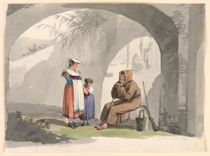 Frascati'den İki Kız Bir Keşiş Ziyareti by Bartolomeo Pinelli