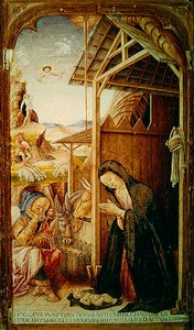 Doğuş Sahnesi, bir konuşma polipçisinden merkezi panel, 1475 (panelde tempera)