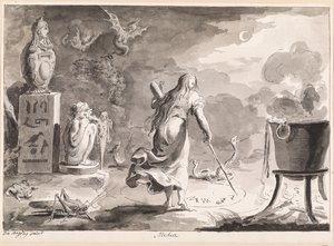 Medea. Sürüngenler, deniz canlıları, bir cadı kazanı ve Mısır tanrıları arasında, arkası dönük bir kadın, yerde daire çizerek geceleri sihirli rünler yazar. by Bartolomeo d