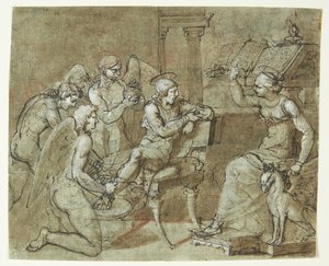 Bir erkek aziz, okuma masasının önünde oturan ve yukarıyı gösteren bir kadın azizi dinlerken melekler tarafından yıkanır ve bakım yapılır. Hl.Sebastian ve Hl.Irene? by Bartolommeo Letterini