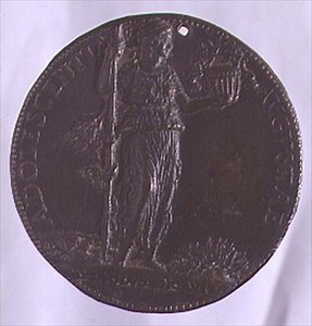 Bir asa tutan bir kadın figürünü gösteren portre madalyası (bronz) (tersi için bkz. 96845) by Bartolommeo Melioli