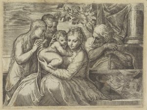 Azizler ile Kutsal Aile by Battista Angolo del Moro (attributed to)
