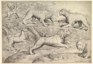 Aslanlar, kaplanlar, leoparlar, griffinler ve keçiler dahil olmak üzere altı hayvan, ca. 1530-61.