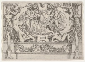 Ayrıntılı bir çerçeve içine yerleştirilmiş, her iki yanında üçer kadın bulunan bir kadın büstü, yakl. 1540-80. by Battista del Moro