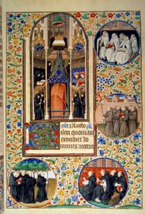 Manastır hayatından bir sahne. Madalyonlarda yukarıdan aşağıya Carmes, Fransiskanlar, Dominikler, Augustinler (solda). Bedford Usta