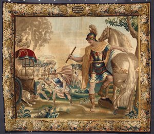 Kral Büyük İskender (MÖ 356-323), Hindistan'a gitmeden önce tüm gereksiz bagajları yaktı. Brüksel fabrikalarında yapılan goblen. 16. yüzyıl Genleri, Musei di Strada Nuova by Belgian School