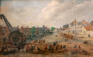 Ahşap bir vinçle Ghent Lievekaai ve Augustijnenkaai'nin görünümü, Engelbert van Siclers'in 18. yüzyıla ait bir resminin kopyası by Belgian School