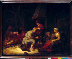 Ameliyatta hastalarından birini kafasından ameliyat eden bir büyüteç cerrahı var. Benjamin Gerritsz Cuyp tarafından boyama by Benjamin Gerritsz. Cuyp