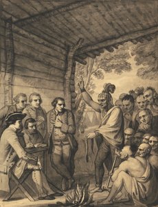 Kızılderililer, Albay Bouquet ile Ekim 1764, 1765'te Amerika'daki Muskingum Kıyılarındaki Kampının Yakınındaki Bir Konsey Ateşinde Bir Konferansta Konuşma Yapıyor by Benjamin West