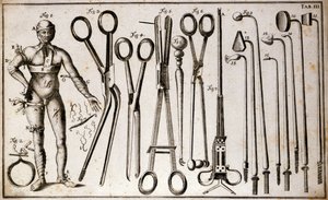 Farklı tipte forseps ve cerrahi aletler. Farklı türde turnike ve bandaj takan bir adam. Benoist Louis Prevost (1735-1809) tarafından resmedilen ameliyat plakası. 18. yüzyıl