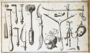 Beynin çıkarılması için farklı türde cerrahi aletler, çekiç, tarak, bıçak temsil eden cerrahi tahta. Benoit Louis Prevost (1735-1809) 18. yüzyıl gravürü