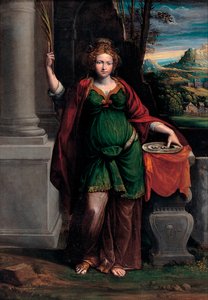 Saint Lucia (Siraküzalı) (4. yüzyılın başlarında) elinde iki gözlü bir tepsi (Saint Lucy) - Tablo Benvenuto Tisi da Garofalo (Il Garolafo) (1481-1559), ahşap üzerine yağlı boya, 63x44 cm