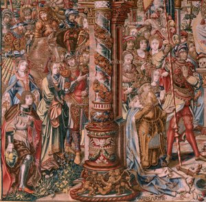 Flaman halısı. Seri Onur. İnanç (La Fe). Serinin ilk halısı. Bernard van Orley ve Jan Gossaert (Mabuse) çevresinden Model Karikatürcüler. Pieter van Aelst, Brüksel imalatı. Ca 1550. Kumaş Altın, gümüş, ipek ve yün.