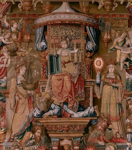 Flaman halısı. Seri Onur. İnanç (La Fe). Serinin ilk halısı. Bernard van Orley ve Jan Gossaert (Mabuse) çevresinden Model Karikatürcüler. Pieter van Aelst, Brüksel imalatı. Ca 1550. Kumaş Altın, gümüş, ipek ve yün.