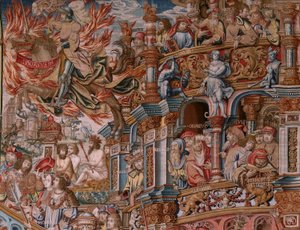Flaman halısı. Seri Onur. Şöhret (La Fama). Serinin üçüncü halısı. Bernard van Orley ve Jan Gossaert (Mabuse) çevresinden Model Karikatürcüler. Pieter van Aelst, Brüksel imalatı. Ca 1550. Kumaş Altın, gümüş, ipek ve yün.