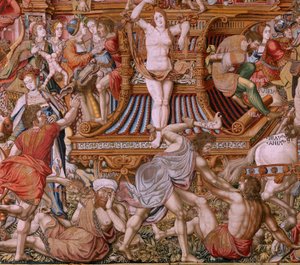 Flaman halısı. Seri Onur. Infamy (La Infamia). Serinin altıncı halısı. Bernard van Orley ve Jan Gossaert (Mabuse) çevresinden Model Karikatürcüler. Pieter van Aelst, Brüksel imalatı. Ca 1550. Kumaş Altın, gümüş, ipek ve yün.