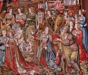 Flaman halısı. Seri Onur. Adalet (La Justicia, Los Honores). Serideki dokuzuncu goblen. Bernard van Orley ve Jan Gossaert (Mabuse) çevresinden Model Karikatürcüler. Pieter van Aelst, Brüksel imalatı. Ca 1550. Kumaş Altın, gümüş,