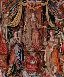 Flaman halısı. Seri Onur. Adalet (La Justicia, Los Honores). Serideki dokuzuncu goblen. Bernard van Orley ve Jan Gossaert (Mabuse) çevresinden Model Karikatürcüler. Pieter van Aelst, Brüksel imalatı. Ca 1550. Kumaş Altın, gümüş,