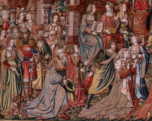 Flaman halısı. Seri Onur. Adalet (La Justicia, Los Honores). Serideki dokuzuncu goblen. Bernard van Orley ve Jan Gossaert (Mabuse) çevresinden Model Karikatürcüler. Pieter van Aelst, Brüksel imalatı. Ca 1550. Kumaş Altın, gümüş,
