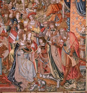 Flaman halısı. Dizi Onur; Asalet (La Nobleza). Serinin dördüncü halısı. Bernard van Orley ve Jan Gossaert (Mabuse) çevresinden Model Karikatürcüler. Pieter van Aelst, Brüksel imalatı. Ca 1550. Kumaş Altın, gümüş, ipek ve yün