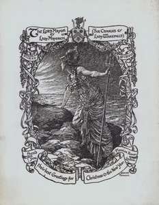 Denize bakan Britannia, Lord Mayor ve Londra'nın Lady Mayoress'inden Birinci Dünya Savaşı Noel tebrik kartı, Sir Charles ve Lady Wakefield