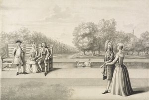 Long Water kıyısındaki rakamlar, Hampton Court Palace (kağıt üzerine kurşun kalem ve mürekkeple gri yıkama) by Bernard Lens