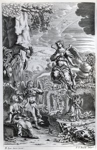 The archangel Uriel informs Gabriel that Satan is in the Garden of Eden, illustration from 