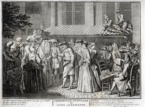 Alman Yahudi cemaatinde Yahudi düğünü “İllüstrasyon de ceremonies et gümrük dinleri de les peuple du monde” den gravür Bernard Picart (1723-1743) 1819 Özel koleksiyon by Bernard Picart
