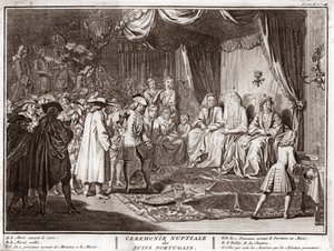 Yahudi Portekiz topluluğunda Yahudi düğünü “” Dünyanın tüm halklarının törenleri ve dini geleneklerinin çizimi” nden gravür Bernard Picart (1723-1743) 1819 Özel koleksiyon by Bernard Picart