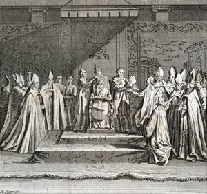 Papalığın Ciddi Açılışı “” Temsil du Coronation du pope” (papalığın açılışı: papanın taç giyme töreni) Bernard Picart (1723-1743) tarafından “Dünyanın tüm halklarının törenleri ve dini geleneklerinin çizimi” nden gravür by Bernard Picart
