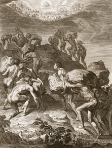 Devler Dağları Üst Üste Yığarak Cenneti Ölçeklemeye Çalışıyorlar, 1731 by Bernard Picart