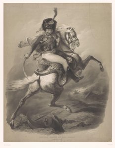 At sırtında saldıran subay Le chasseur de la garde (nesne üzerindeki başlık) İki tür tebeşir içeren yeni taş baskılar (dizi başlığı) Nouveaux groupes aux deux crayons (nesne üzerindeki dizi başlığı)