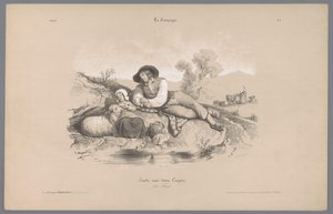 Bir havuzun yanında kızla çoban Kırsal yaşamın tasvirleri (dizi adı) Kampanya. Etudes varieés aux deux Crayons (nesne üzerinde seri başlığı) by Bernard Romain Julien