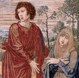 Flaman halısı. Charles V Serisi Dais (Avusturya Margaret Baldachin). Merhamet Mesih (Cristo de la Misericordia). Platformun arkasındaki goblen paneli. Model Bernard van Orley (1491-1542). Pieter de Pannemaker, Brüksel imalatı. 1518-1524. Kumaş G by Bernard van Orley