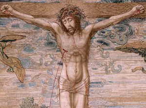 Flaman halısı. Charles V Serisi Dais (Avusturya Margaret Baldachin). Merhamet Mesih (Cristo de la Misericordia). Platformun arkasındaki goblen paneli. Model Bernard van Orley (1491-1542). Pieter de Pannemaker, Brüksel imalatı. 1518-1524. Kumaş G by Bernard van Orley