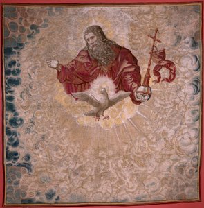 Flaman halısı. Charles V Serisi Dais (Avusturya Margaret Baldachin). Tanrı Baba ve Kutsal Ruh (El Padre Eterno y el Espíritu Santo). Papatyanın goblen baldakeni. Model Bernard van Orley (1491-1542). Pieter de Pannemaker imalatı, by Bernard van Orley