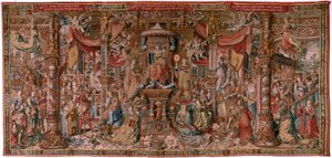 Flaman halısı. Seri Onur. İnanç (La Fe). Serinin ilk halısı. Bernard van Orley ve Jan Gossaert (Mabuse) çevresinden Model Karikatürcüler. Pieter van Aelst, Brüksel imalatı. Ca 1550. Kumaş Altın, gümüş, ipek ve yün.