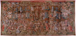 Flaman halısı. Dizi Onur. Şöhret (La Fama). Serinin üçüncü halısı. Bernard van Orley ve Jan Gossaert (Mabuse) çevresinden Model Karikatürcüler. Pieter van Aelst, Brüksel imalatı. Ca 1550. Kumaş Altın, gümüş, ipek ve yün. by Bernard van Orley