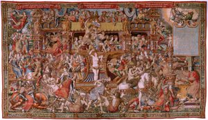 Flaman halısı. Seri Onur. Infamy (La Infamia). Serinin altıncı halısı. Bernard van Orley ve Jan Gossaert (Mabuse) çevresinden Model Karikatürcüler. Pieter van Aelst, Brüksel imalatı. Ca 1550. Kumaş Altın, gümüş, ipek ve yün.
